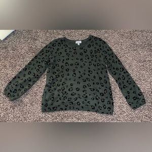 Green with black leopard print crew neck sweater